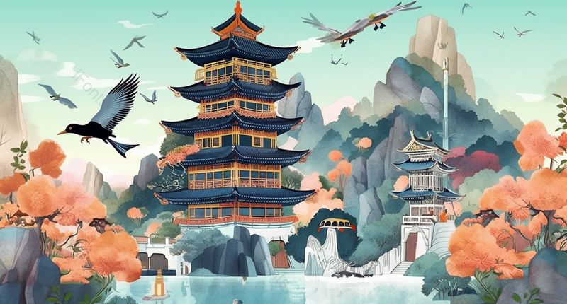 六层金色楼阁溪流涌现阁楼建筑亭子中国风国潮风插画,插画/手绘图,插画/手绘图库,插画/手绘图下载,插画/手绘